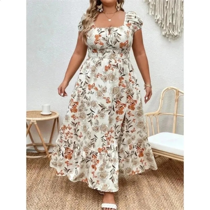 Womens 1-5XL Plus Size Suitable for outdoor white flower casual skirt large size women print loose summer dress 240813