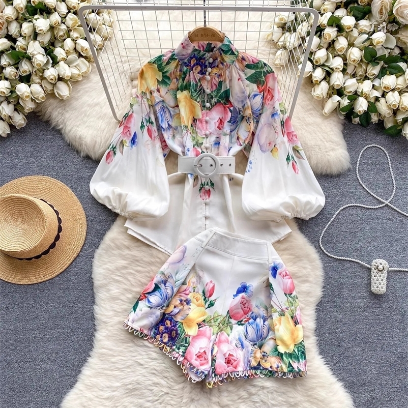 Summer runway two-piece short outfit womens standing lantern sleeve printed loose waistbandhollow hem shorts matching set 6227 250317