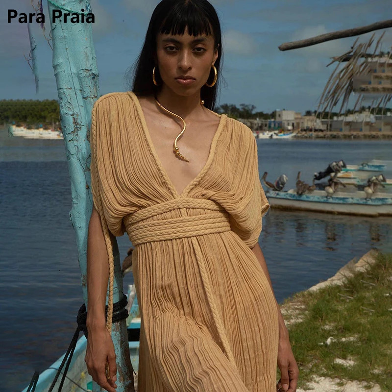 Para Praia Hollow Out Knitted Long Dress Beach Dress Drawstring Swimwear Cover Ups Sexy Beach Outfits for Women Beachwear 250804