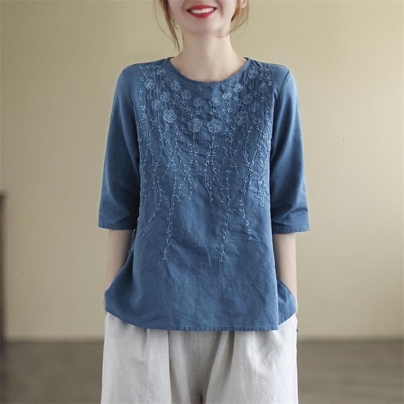 Women's T-Shirt Embroidery Cotton Linen Shirts for Women Y2k Tops Fashion Clothes Elegant Streetwear Ethnic Style Casual Streetwear Vintage 230