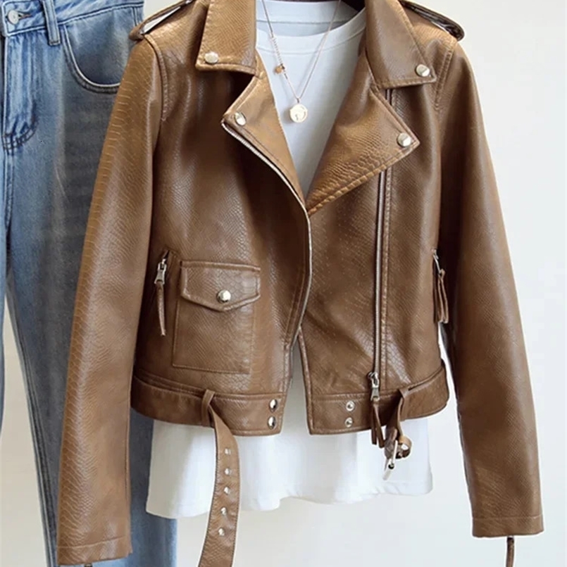 Womens synthetic leather jacket short punk jacket motorcycle zipper casual slim fit jacket winter autumn ED1906 240824