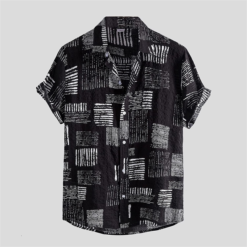 Men's Casual Shirts Slim Lapel Short Sleeve Hawaiian Shirt Summer New Men's Striped Tree Print Beachwear Casual Fashion 230420