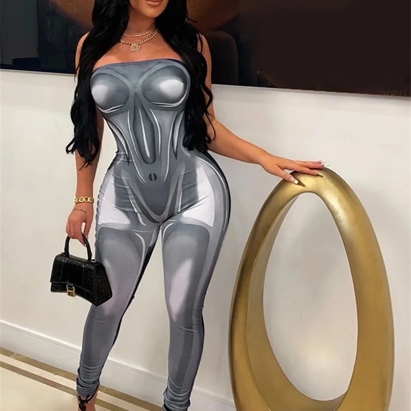 Weird Puss Sexy Print Strapless Jumpsuit Women Skinny Elastic Sleeveless Sporty Workout Overalls Trend Activity Streetwear 240529