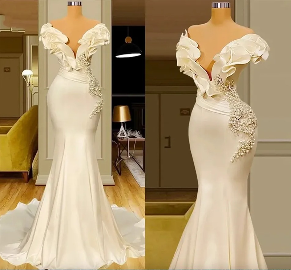 Dubai Saudi Arabia Pearls Mermaid Wedding Dresses Sexy Off The Shoulder Elegant Ivory Satin Ruffles Bridal Gowns Vintage Boho Country Bride Receptio
