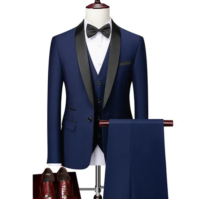 Mens Lapel Black Collar 3 Piece Suit Set Coat Vest Trousers Business Groomsmen Groom Wedding Dress Fprmal Blazer Pants 240412
