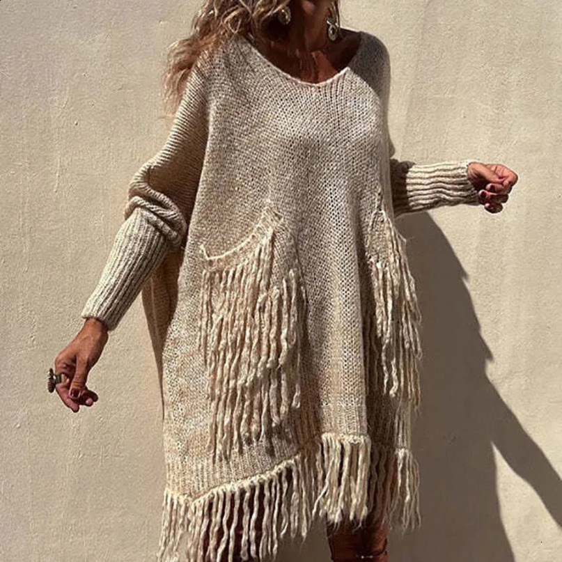 Womens Sweaters Retro long sleeved tassel pocket pullout jumper Harajuku womens Vneck top knitted fashionable loose casual knit sweater 231214