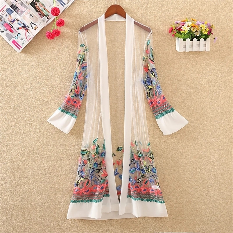 Spring Autumn Women Floral Embroidery Cardigan Jacket Casual Loose Thin Lace Cardigans Female Hollow Out Long Mesh Coat AB1539 240703