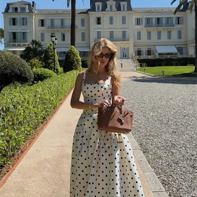 Women Elegant Polka Dot High Waist Party Dress Fashion Square Neck A-line Backless Sling Robes 2025 Summer Holidays Robes 2025 250611