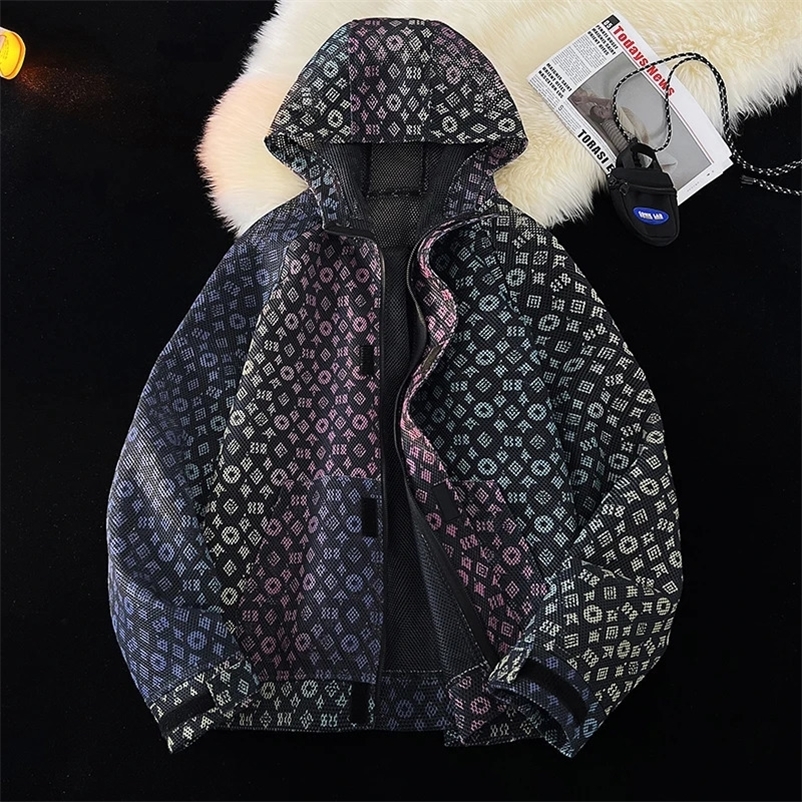 Cool Full Print Jacket Men Breathable Loose Sun Protection Clothing Hip Hop Style Hooded Zip Jackets Black Coat Y2k Jacket 240408