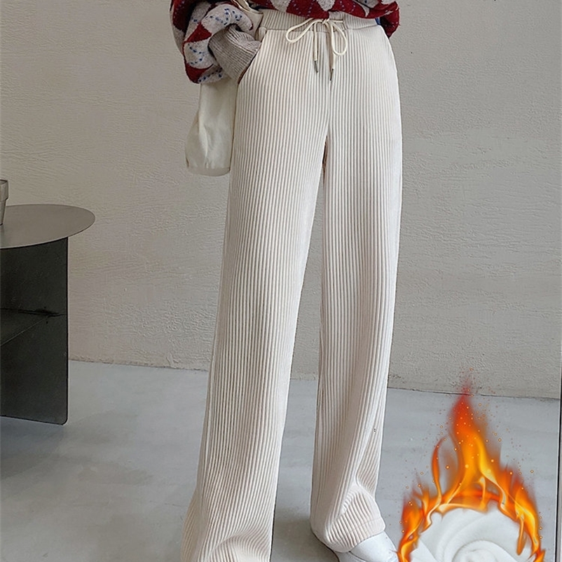 Women's Pants Capris Yitimoky Fleece Pants for Women Thicken Warm Wide Leg Pants Korean Fashion Fall Winter Casual Drawstring Straight Trousers