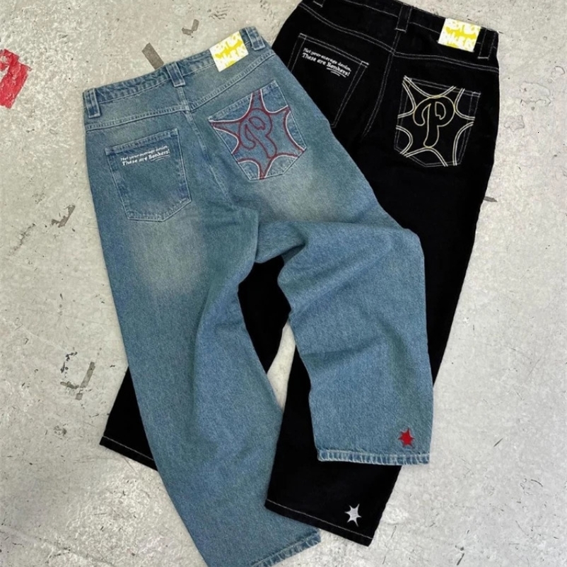 Y2k mens retro Harajuku clothing pocket casual wide leg jeans hip-hop printed jeans trend fashionable black high waisted jeans 241203