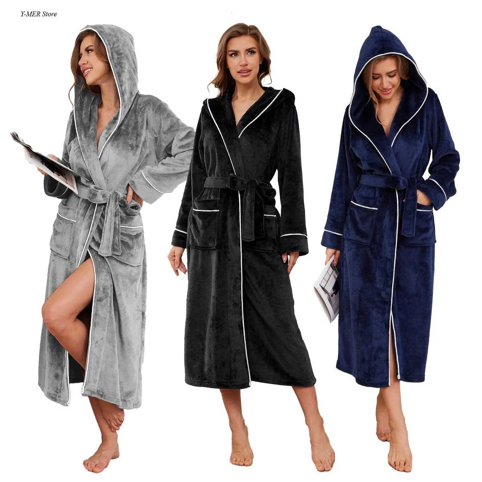 Womens Bathrobe Gown Warm Flannel Kimono Lady Sexy Hooded Nightgown with Pocket Autumn Winter Shower Robes Soft Loungewear Z250924