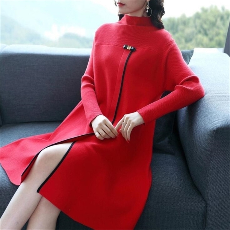 Pullover Autumn And Winter New Korean Women's Long Section Lazy Wind Lady Loose Longsleeved Sweater Dress 201102