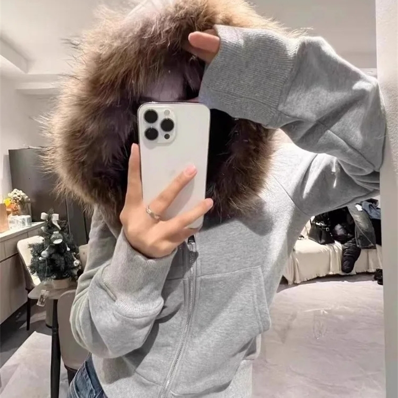 American retro fur collar hooded cardigan womens spring and autumn slim zipper jacket Y2k long sleeved sweatshirt 240914
