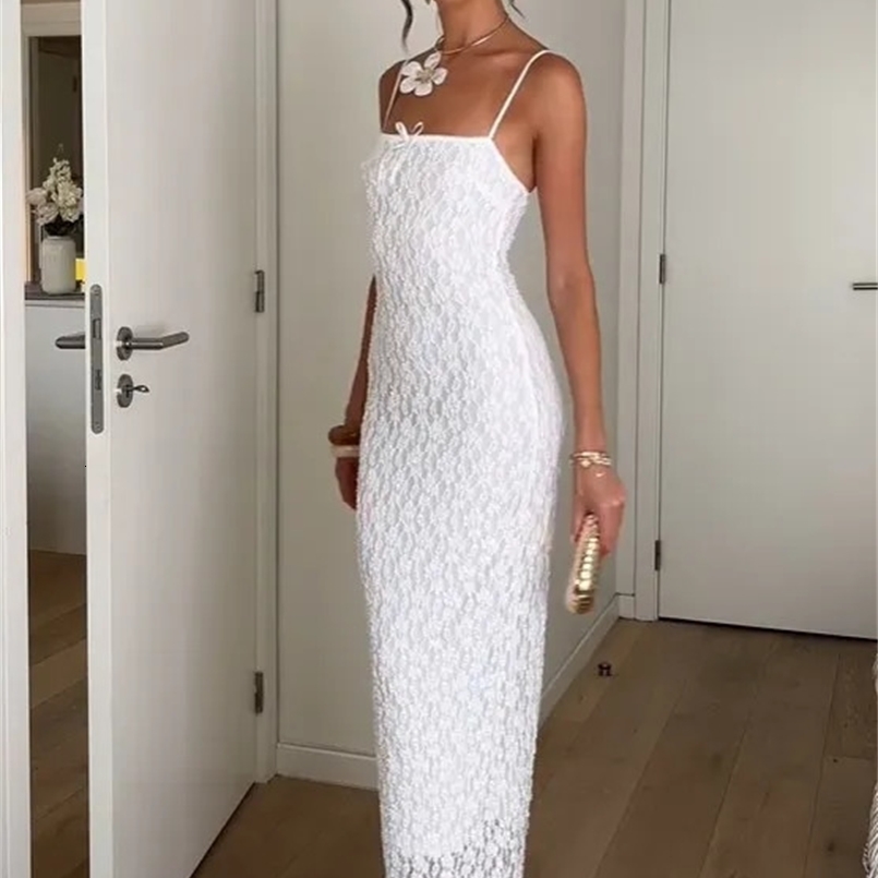 Sexy Slim Lace White Sling Dress Women Elegant Solid Hollow Out Sleeveless Robes Summer Chic Female Club Party Dresses 240823
