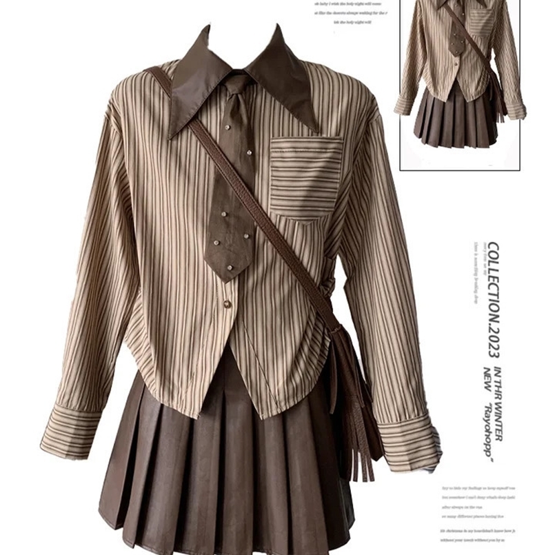 Womens Skirt Sets Vintage Long Sleeve Shirt with A-Line Mini Skirts Aesthetic Vintage Y2k Two Piece Suit Elegant 2000s Clothes 240823
