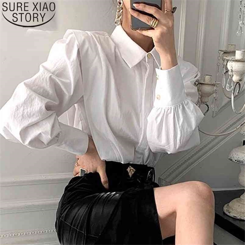 Spring autumn Blouses Vintage Minimalist Loose White Shirts for Women Chic Turn-down Collar Solid Female Tops 12872 210506