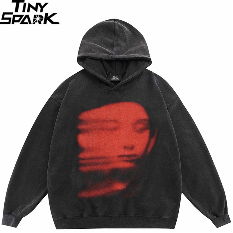 Hip Hop Oversize Hoodie Sweatshirt Men Streetwear Face Ghost Shadow Graphic Harajuku Retro Washed Black Hooded Pullover Y2K 240913