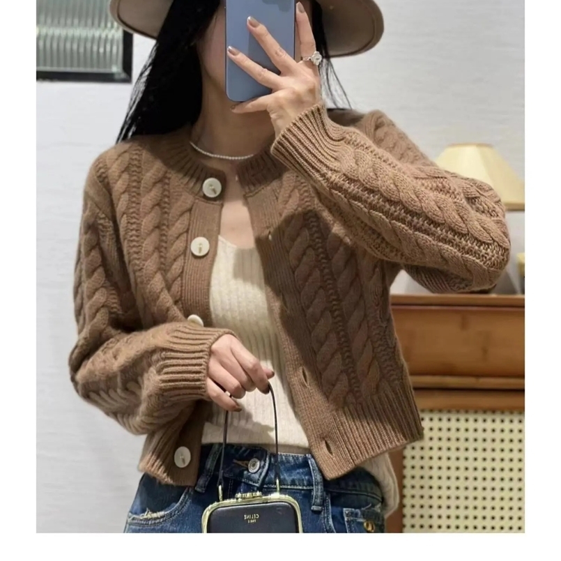 Womens Pure Cashmere Wool Sweater Round Neck Twists Short Cardigan Autumn Winter Casual Knit Top Female Thickened Warm Jacket 240730
