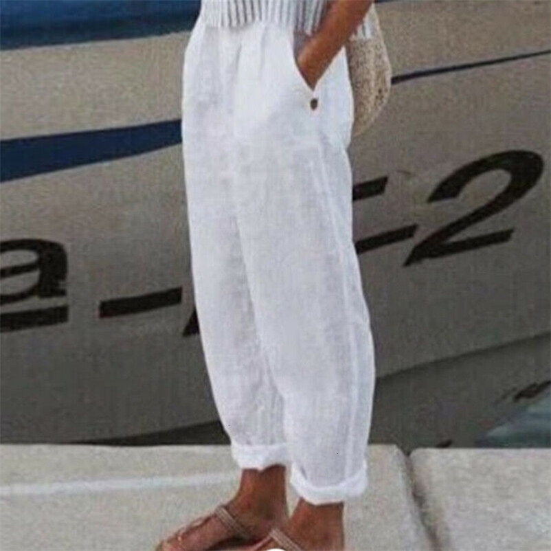 Women's Pants Capris Women Harem Pants Summer Casual Vintage Cotton Linen Pants Elastic Waist Wide Leg Retro Loose Pockets Female Mom Trousers