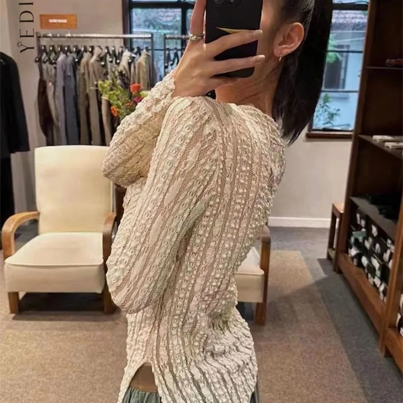 Yedinas Streetwear Hollow Out T Shirt Women Clothes Long Sleeve Korean Fashion Sexy Summer Slim Sheer See Through Y2k Tees Chic 240703