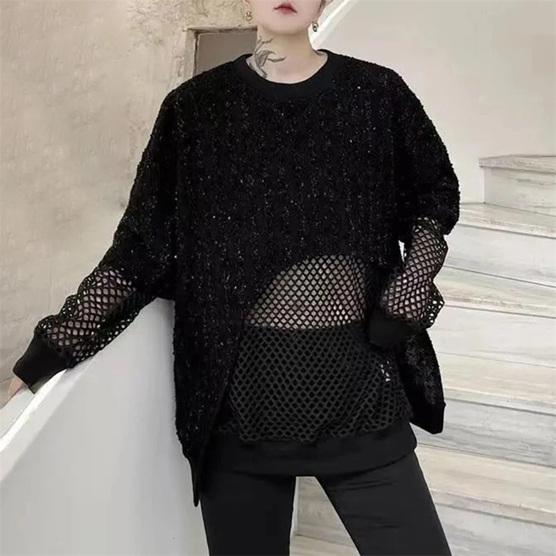 Mens y2k sequin mesh stitching see-through sexy long-sleeved T-shirt autumn genderless nightclub fashion trend long top unisex 240703