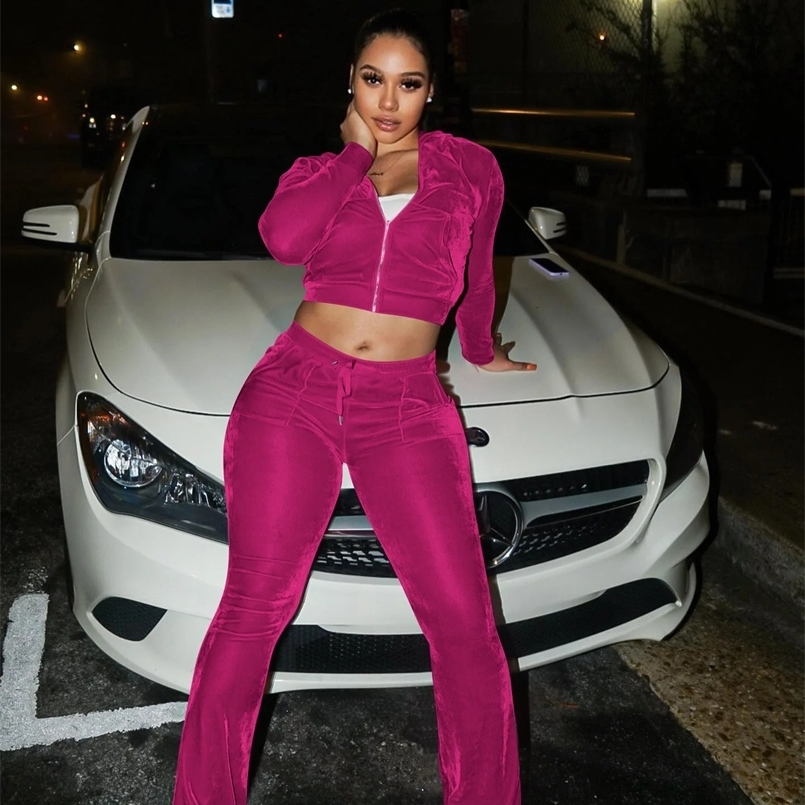 Sexy Women Two Pieces Club Matching Set Lady Casual Tracksuit Autumn Winter Velvet Outfit Hooded TopFlare Pants 241017