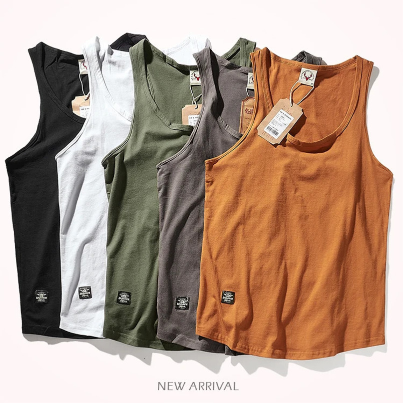 Summer American Retro Sleeveless Oneck Solid Tshirt Mens Fashion 100% Cotton Washed Old Casual Sports Vest Tops 240415