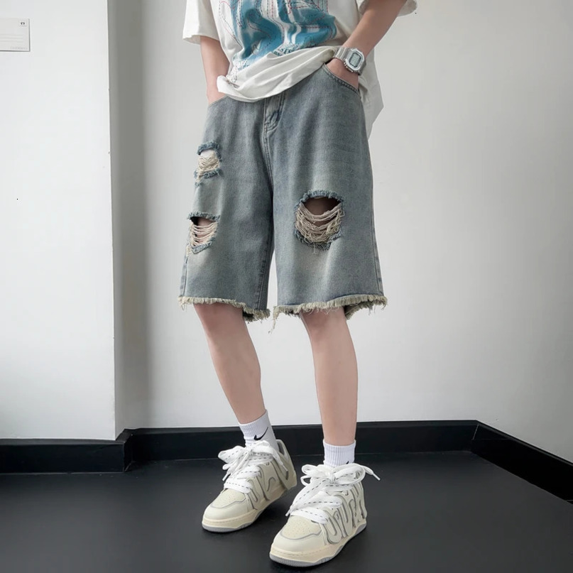 Summer Mens Baggy Straight Denim Shorts Korean Style Fashion Casual Loose Broken Hole Short Jeans Male Blue S2XL 240416