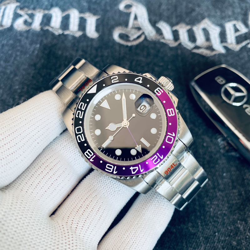 GMT Mens Automatic Movement Watch Pepsi Cola bezel glowing sapphire waterproof design 40mm dial stainless steel strap luxury watch