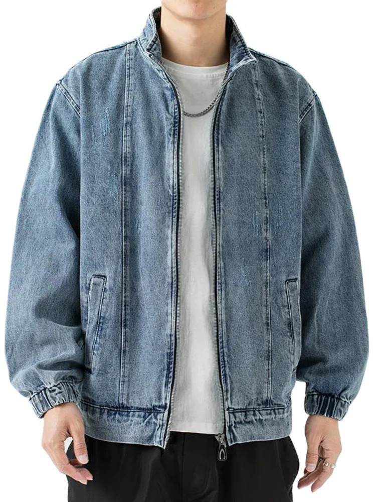 Stand Collar Denim Jacket Men Casual Autumn Zip Closure Jacket Coat Loose Baggy Blue Retro Jacket Man Fashion Clothing 250917Z