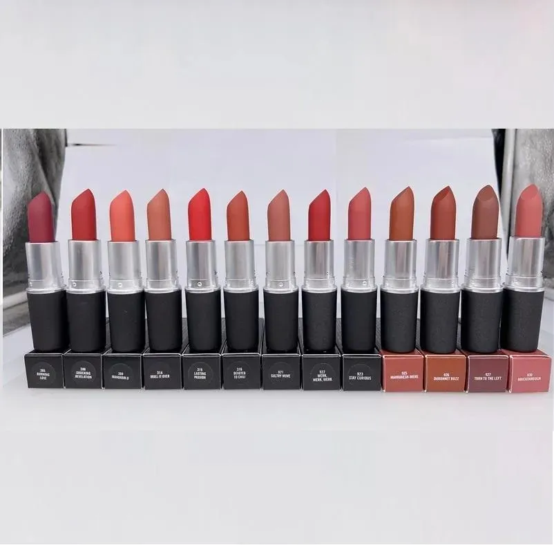 High Quality Satin Lipstick ruby woo CHILI diva marrakesh russian-red mocha Rouge A levres 18 Colors Lustre M Brand Lipstick with Series Numbers alu