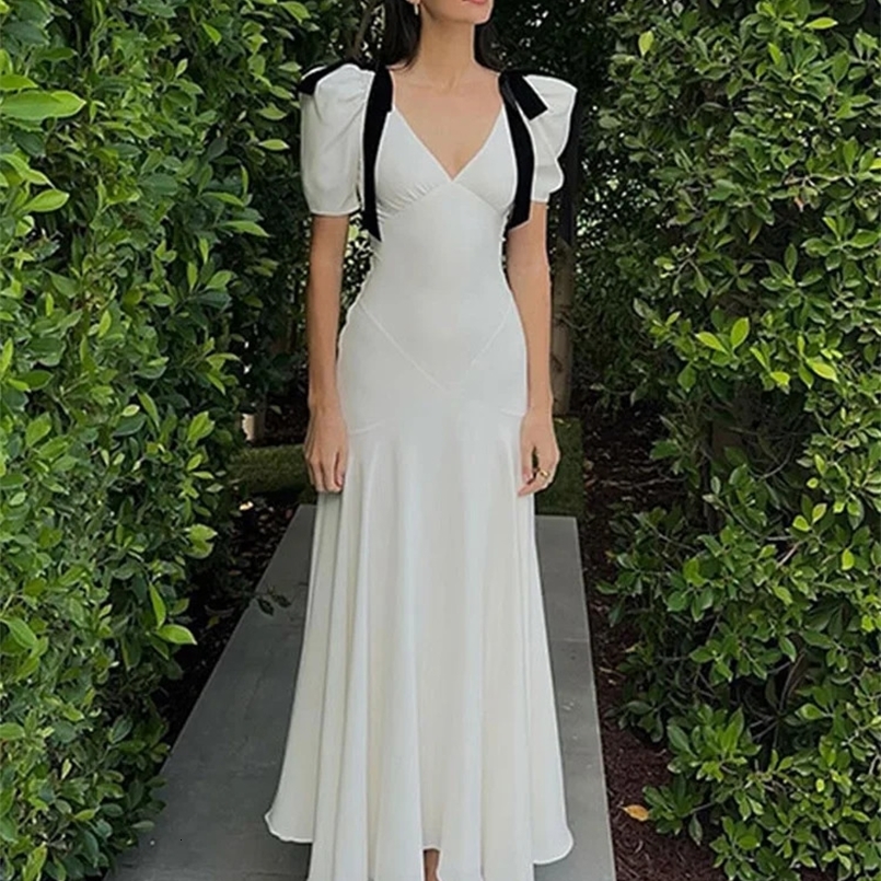 Summer Shoulder Bow White Dress Women Fashion Loose V Neck Puff Sleeve Maxi Dresses Elegant Office Lady Party Vestidos 240823