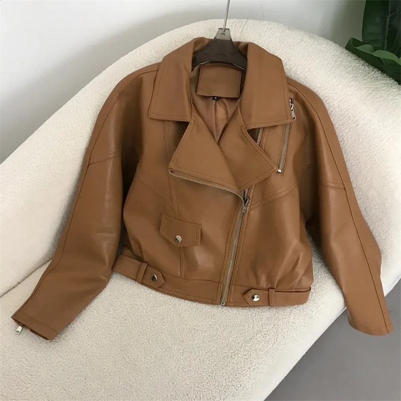 Artificial leather jacket womens PU leather jacket womens fashion motorcycle brown jacket street clothing spring and autumn zipper bicycle 240824
