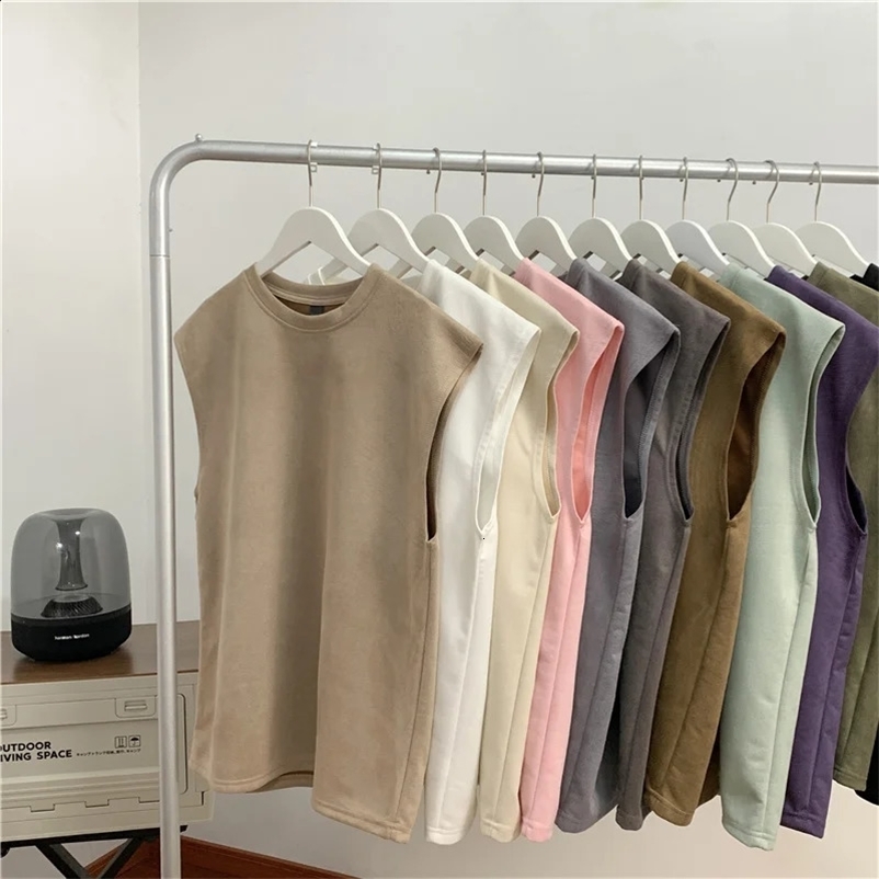 Heavy Suede Vest Men Summer High End Feeling Ins Ruffian Handsome Casual Loose Sports Sleeveless T-shirt Mens Clothing 250226