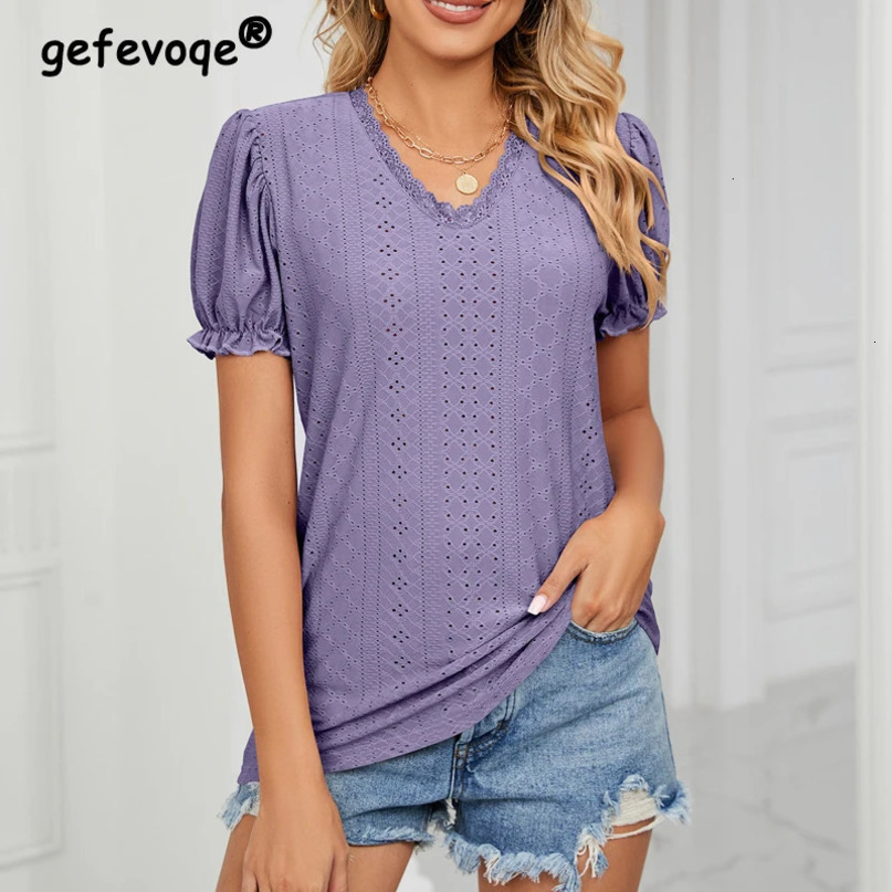 Hollow Ruffle Lace Patchwork V Neck Short Sleeve Tee T Shirts Femmes Summer Fashion Women Casual Solid Loose Tops Clothing 240328