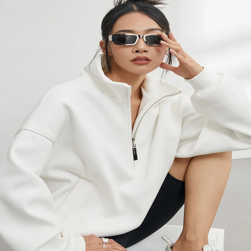 Casual sweatshirt half zipper womens Pullover super zipper hoodie solid color stand up collar long sleeved top 240905