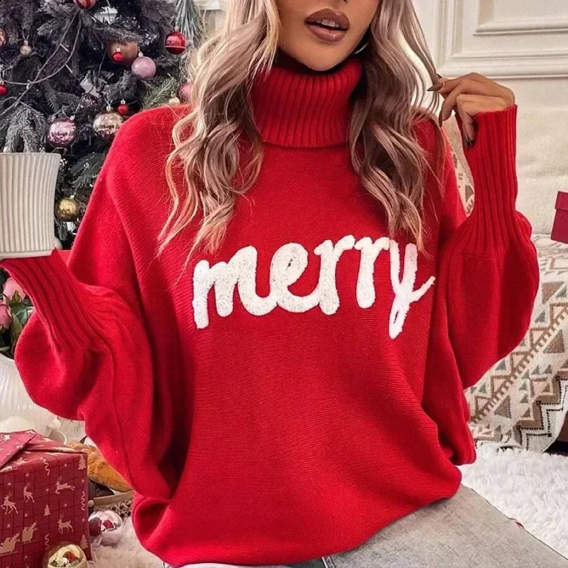 Womens Sweaters Knitted Turtle Neck Sweater Loose Pulling Parachute Elegant Winter Warm Autumn Year Trend Christmas 231214