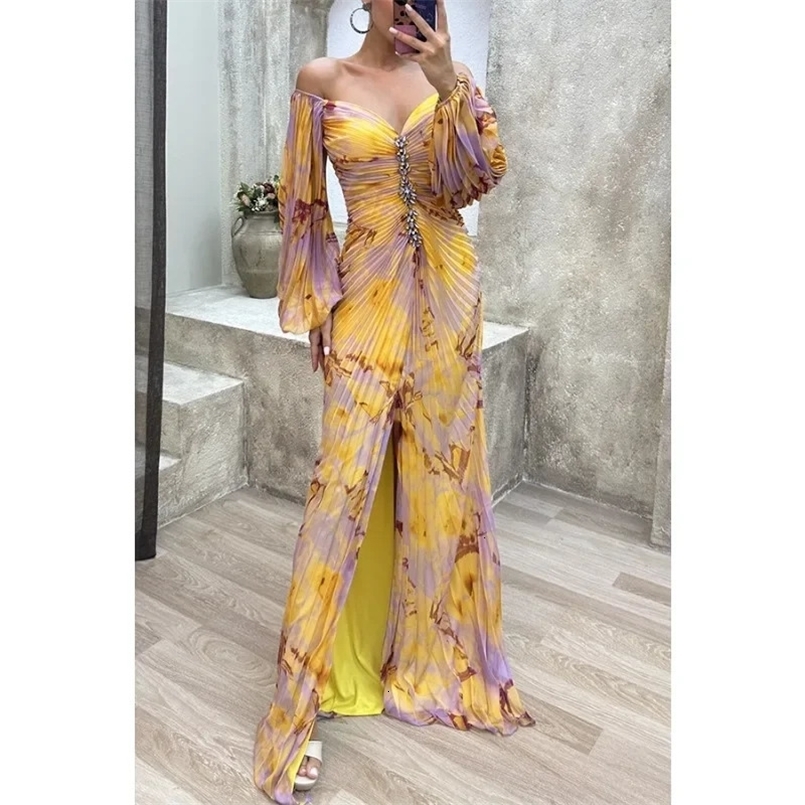 Womens S-XL size Casual Dress V-neck Off Shoulder Pleated Long Sleeved Dress Fashionable Print Slim Fit Slit Dress 240807
