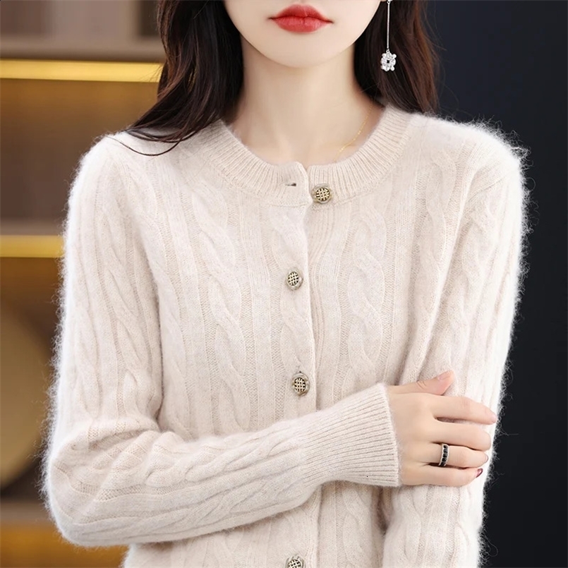 100% Mink Cashmere Cardigan Sweater Womens Knitted O-Neck Long Sleeve Top Casual Loose fitting Clothing Korean Fashion Pullover 240830