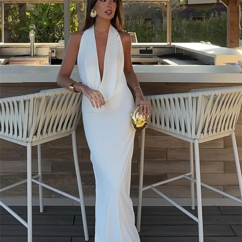 Elagant Halter Sleeveless Long Dresses For Women Sexy Backless Hip Package Female Long Dress Summer Lady Evening Party Robe 240823