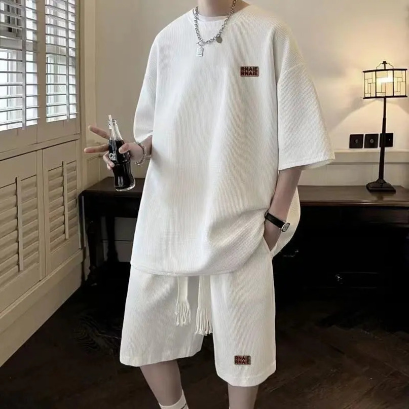 Men Sets Solid Color Loose Oneck Short Sleeve T Shirt Drawstring Shorts 2PCS Summer Sports Suit for Fitness Tracksuit 4xl 240409