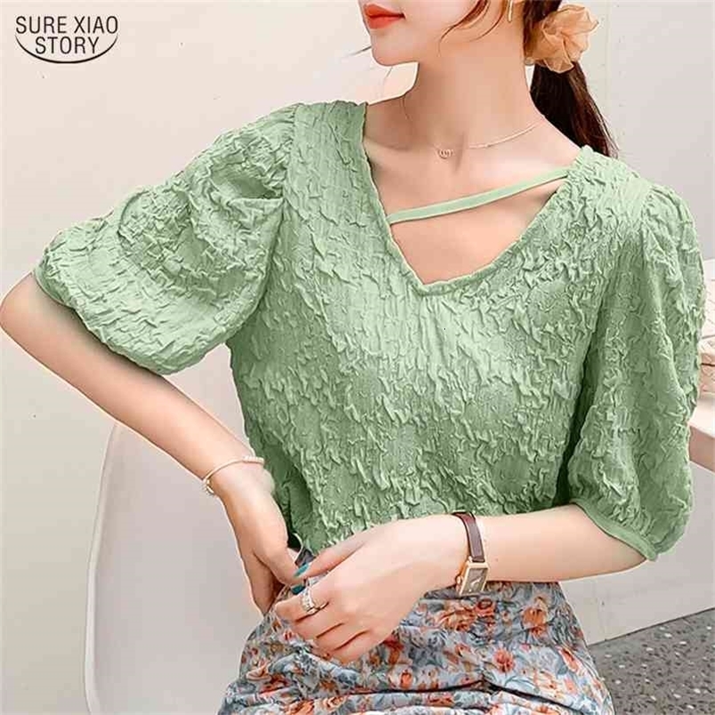 Summer Puff Sleeve V-neck Chiffon Shirt Female Loose Top Chemisier Femme Elegant All-match White Blusa 10057 210506