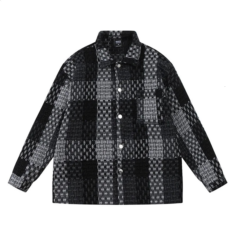 Harajuku Retro Woolen Plaid Wool Knitted Jackets Outwear Oversized Mens Weave Colorblock Checkered Casual Shirt Jacket Coat 240802