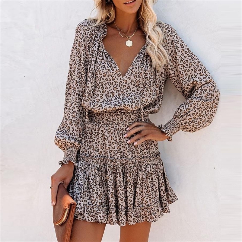 Casual Dresses TEELYNN Lantern Long sleeved Mini Dress Women's Vintage Leopard Pattern Casual V-Neck Autumn Vistedos Elastic Waist Bohemian Rob