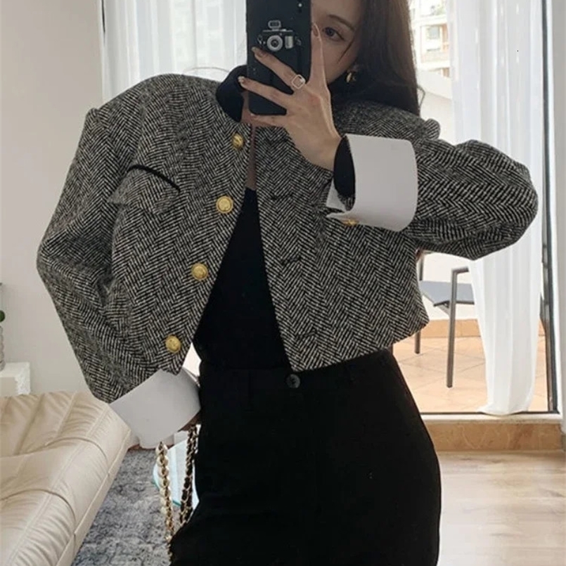 Woherb Fashion Korean Chic Vintage Tweed Jacket Coat Women Spring Contrast Color Cropped Jackets Elegant Office Lady Outwear 240828