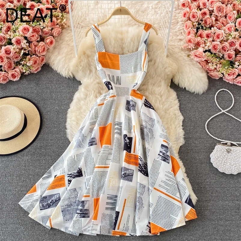 DEAT Women PrintIG Sling Dress Square Neck Sleeveless Arrivals Lady Sexy Fashion Temperament Spring Summer 11D1634 210709