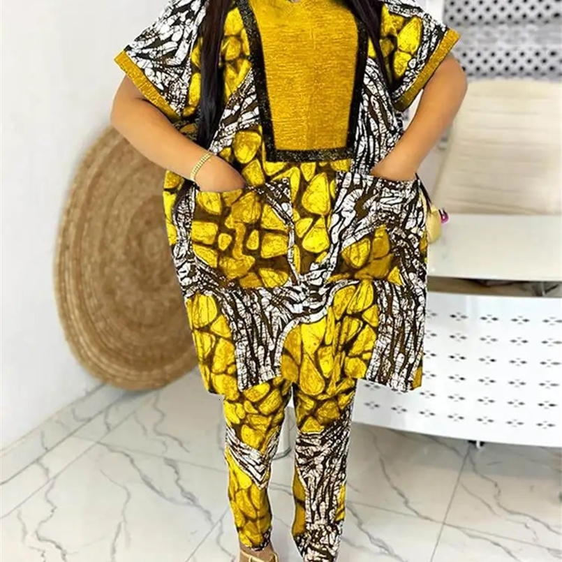 Plus Size 5XL VONDA Women Bohemian Printed Pant Sets Summer 2pcs Short Sleeve Tops Long Pants Vintage Pockets Casual Loose Suit 240823