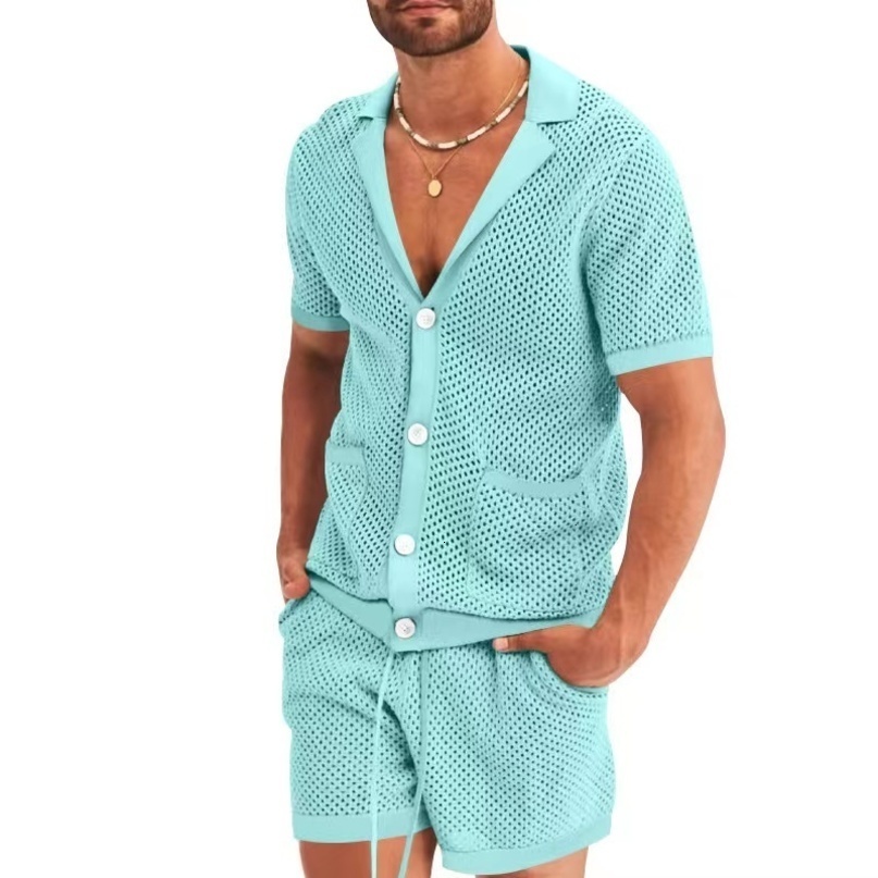 Mens Tracksuits Summer Shirt Suit Casual Breathable Solid Color Short Sleeve Beach Shorts Fashion Hollow Men Mesh Set 230418