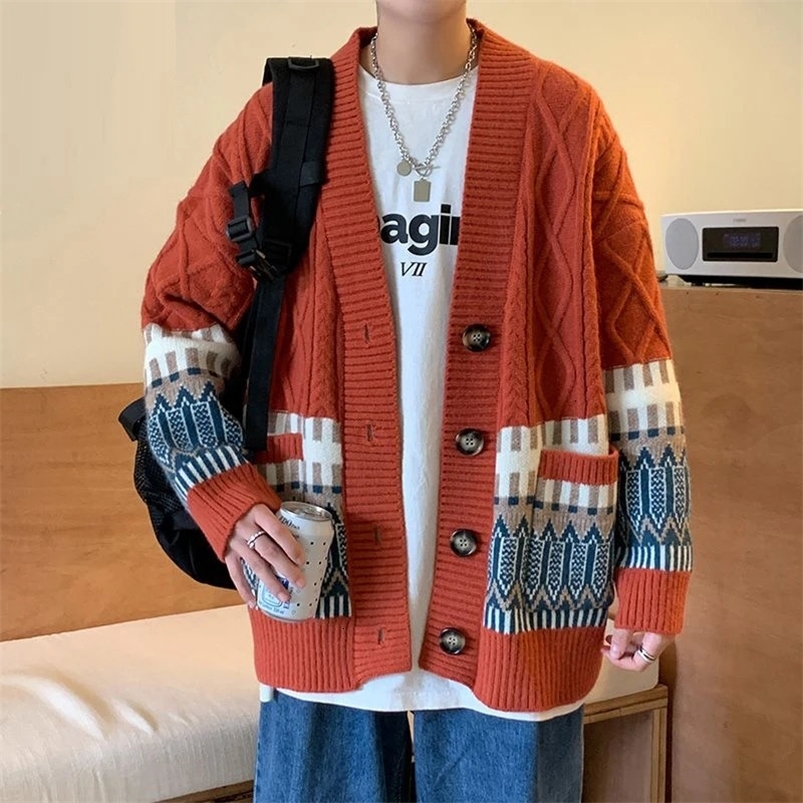 Mens fashion contrast color casual streetwear single chest sweater cardigan Y2K youth V-neck long sleeved oversized knitted top 241125